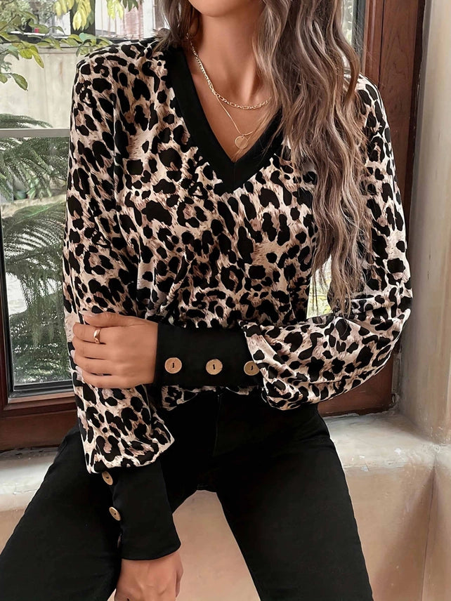 Leopard Print Long Sleeved V-Neck Top