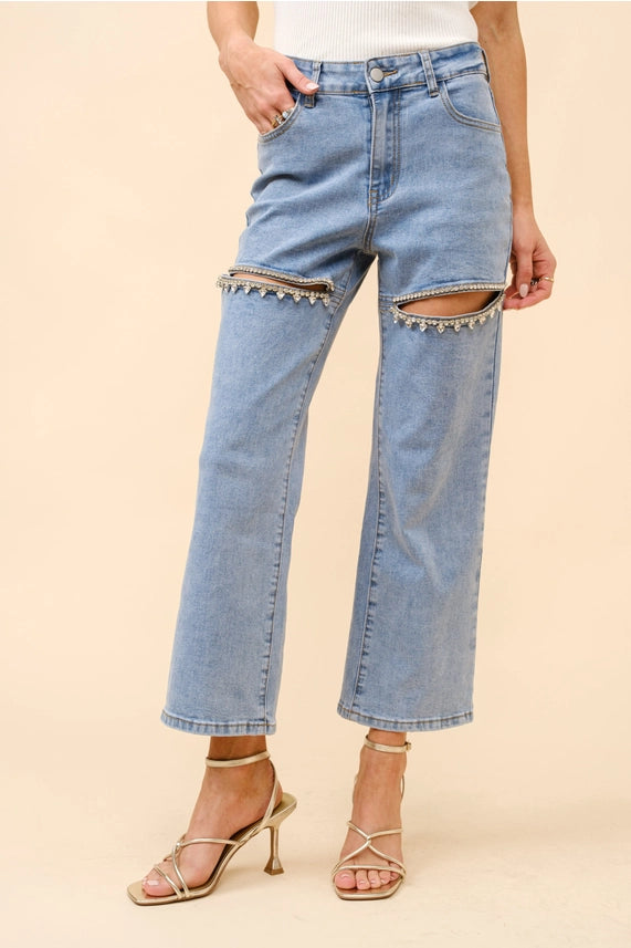 Crystal Slit Bottom Denim Jeans