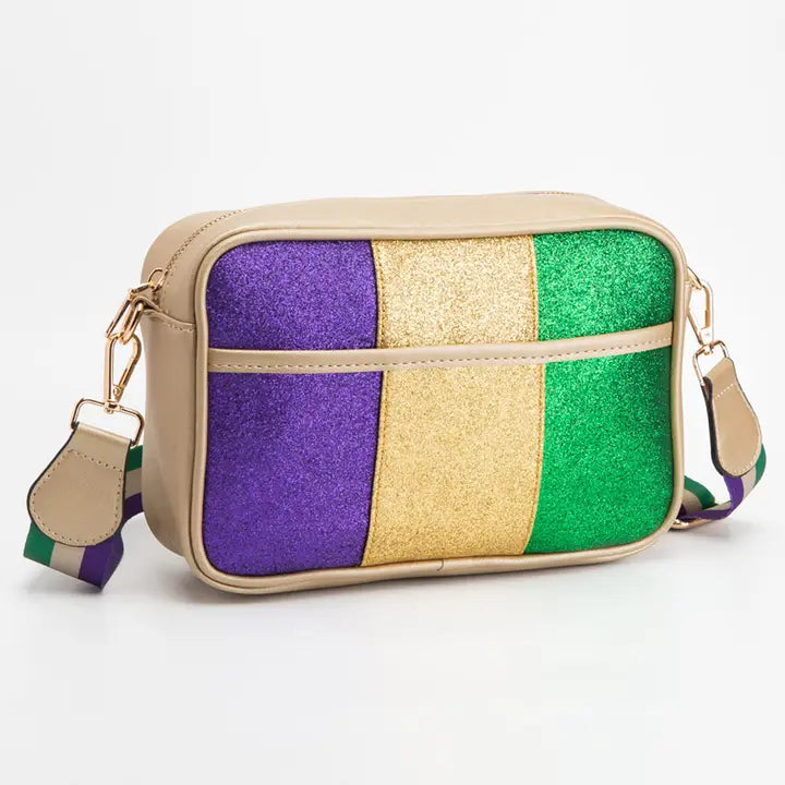 Faux Leather Mardi Gras Sparkle Front Crossbody Bag
