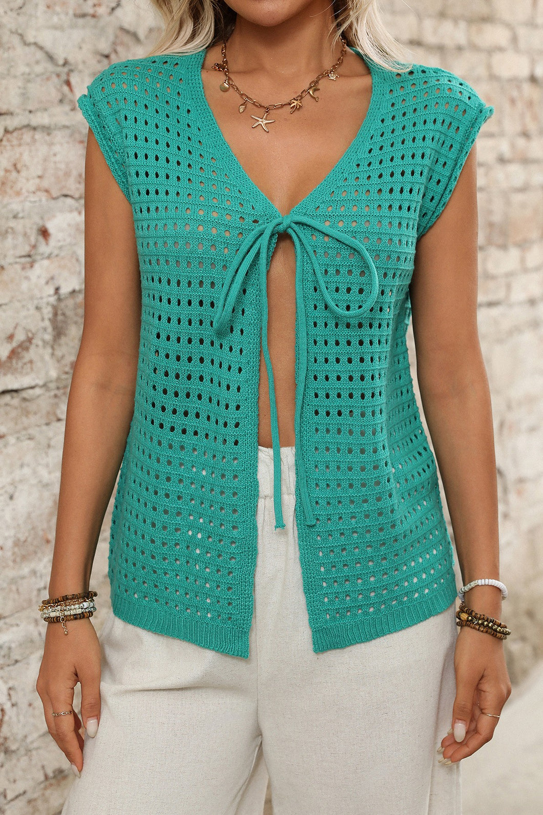 Hollow Bowtie Short Sleeve Sweater