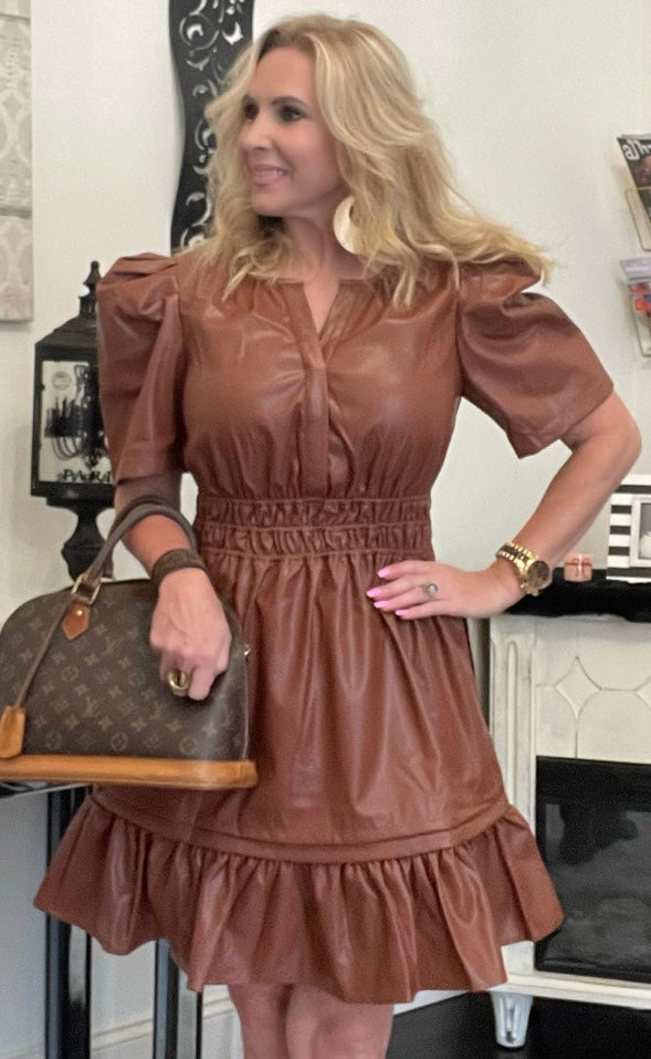 Fancy Faux Leather Ruffle Dress
