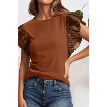 Faux Leather Ruffle Sleeve Top
