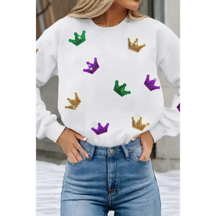 Mardi Gras Sequins Crown Patch Long Sleeve Top