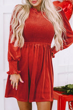 Load image into Gallery viewer, Frilled Neck Smocked Bodice Velvet Dress
